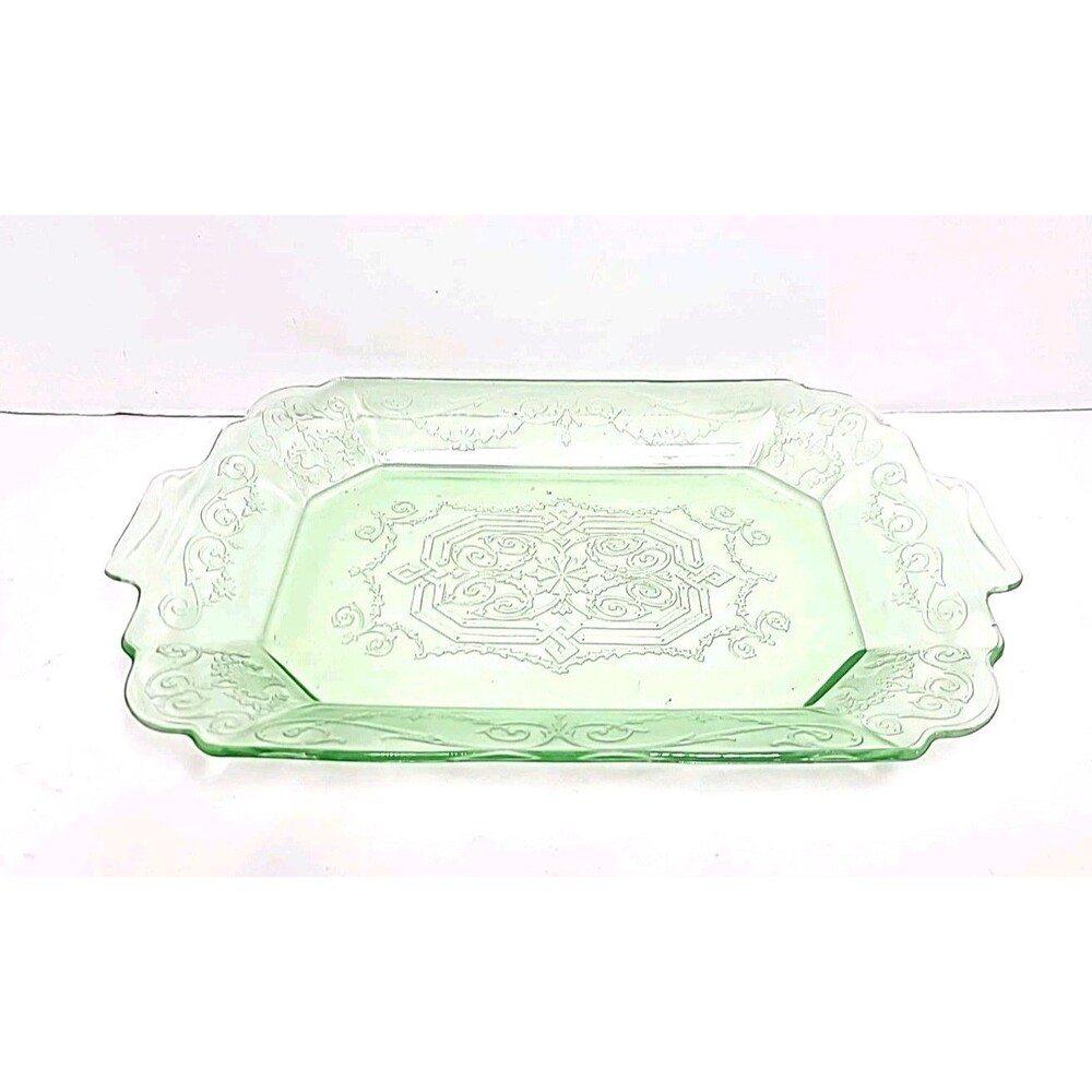 Vtg Indiana Glass LORAIN Basket Green 11.5" Serving Platter Depression 1930's